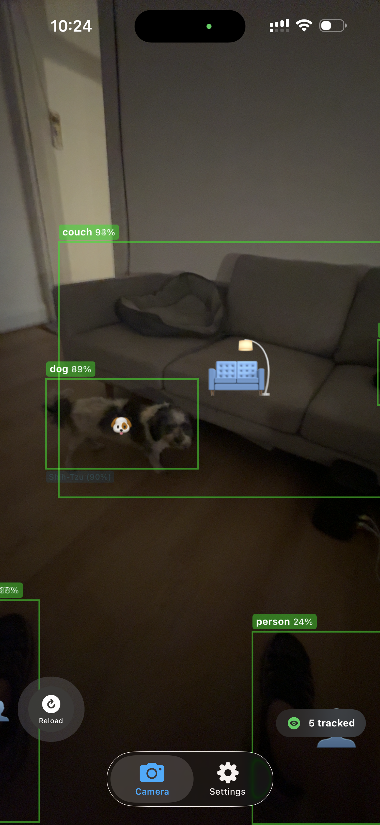 Living room scene with dog and couch detection